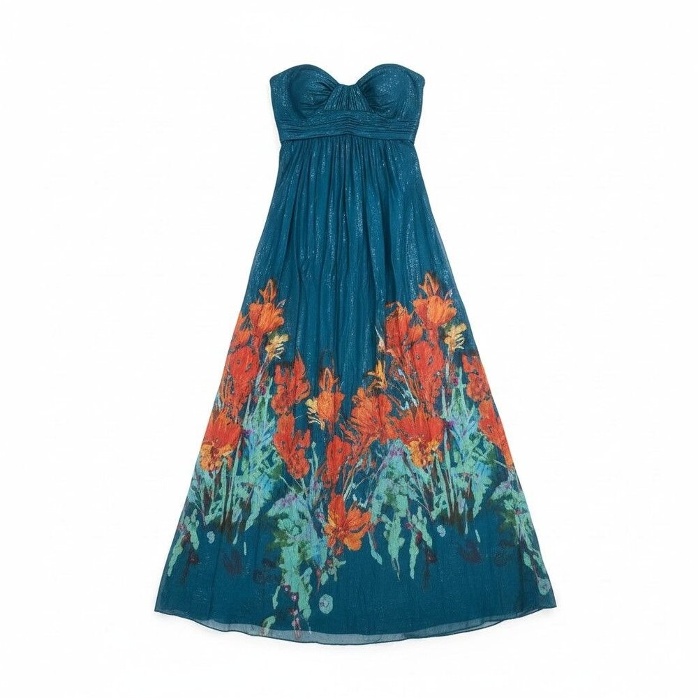 Aqua Teal Strapless Maxi Dress with Orange Floral Border